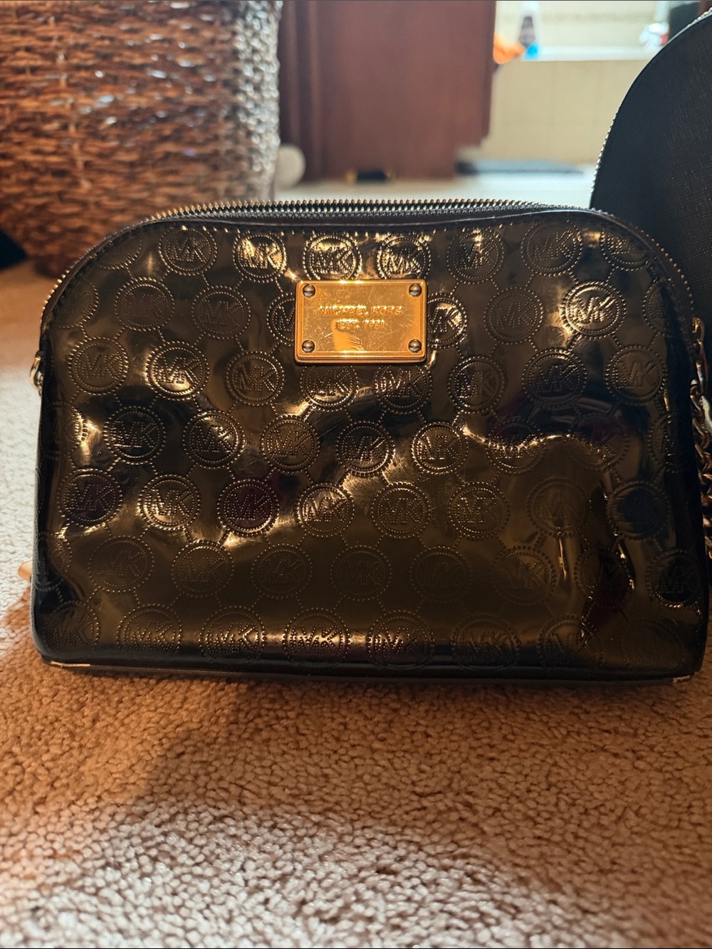 Michael Kors Black Patent MK Embossed Crossbody Bag with Gold Plate